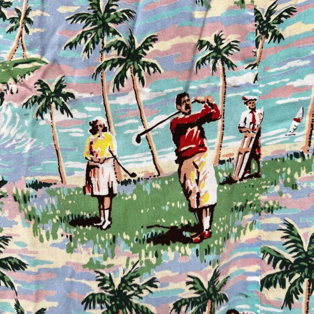 Vtg Reyn Spooner Dress Art of Eddy Y Golf Novelty Woodie Label Collectible Small